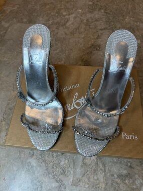 Christian Louboutin Silver Crystal Strappy Slide Heels